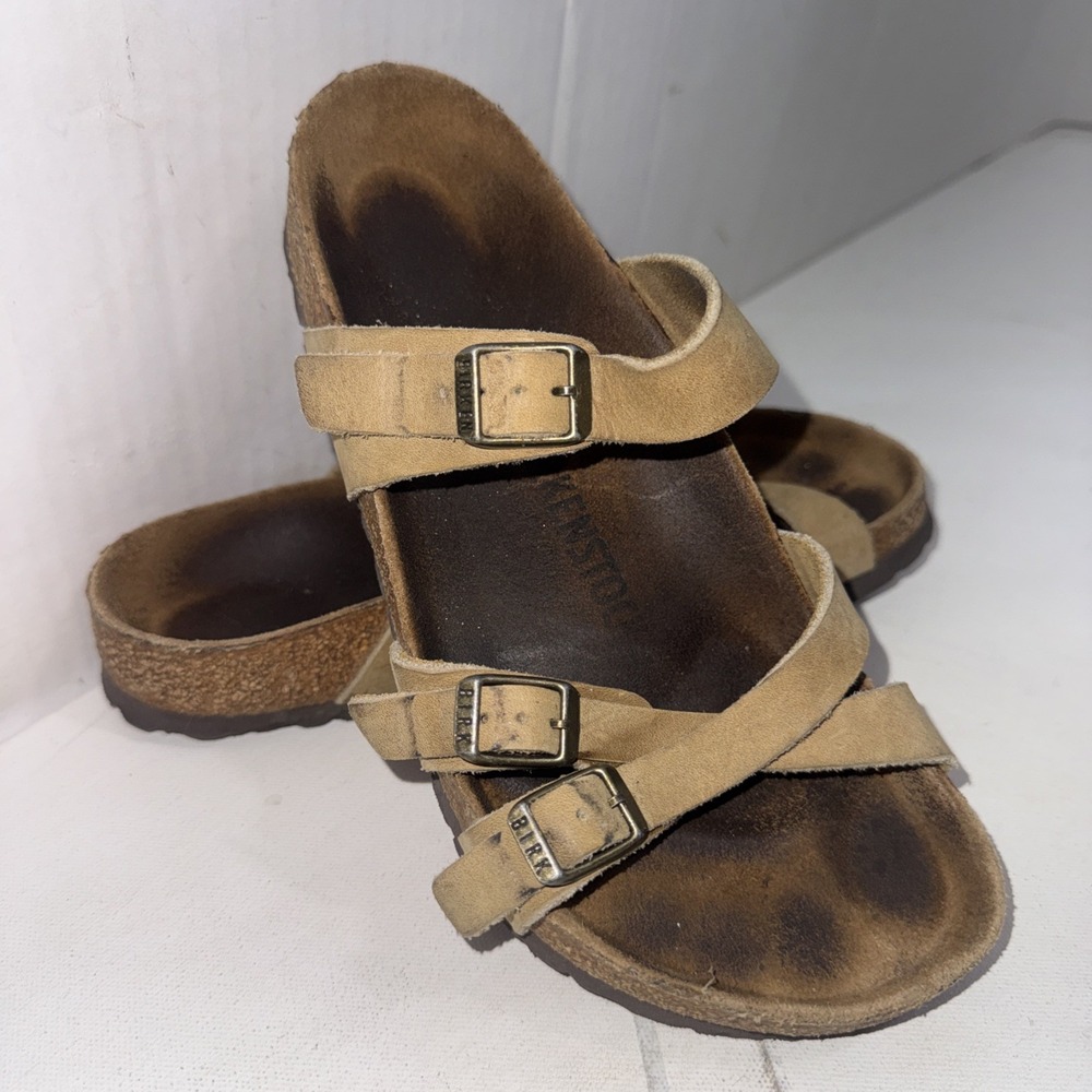 Birkenstock Franca Tan Leather Crisscross Strappy Slides Sandals Size EU 38 N